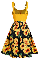 Women’s Retro Sunflower Print A-Line Dress - Yellow Ruched Bust Sun Dress