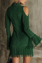 Semi-High Neck Off-The-Shoulder Fringed Faux Suede Long-Sleeved Mini Dress