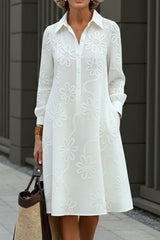 Elegant Floral Embroidered Shirt-collar Dress
