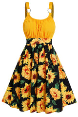 Women’s Retro Sunflower Print A-Line Dress - Yellow Ruched Bust Sun Dress