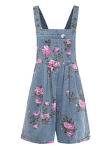 Blue 1960s Denim Floral Pocket Wide Strap Romper