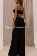 Solid Color Halter Neck Cutout Casual Loose Wide-leg Jumpsuit