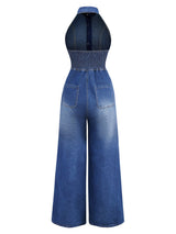 Blue 1930s Lapel Sleeveless Wideleg Denim Jumpsuit