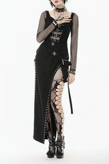 Punk Knitted Top with Mesh Overlay and Shoulder Buckle Details