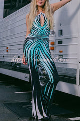 Unique Striped Print Halter Neck Cutout Tie-up Casual Flared Jumpsuit