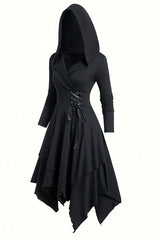 Vintage Asymmetrical Hem Long Sleeve Hooded Dress For Spring & Fall