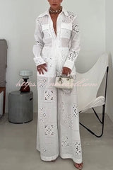 Vivi Embroidered Lace Cutout Long Sleeve Pocket Elastic Waist Loose Shirt Jumpsuit