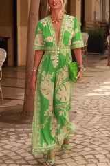 Plant Print V-Neck Short Sleeve Button Loose Pocket Jumpsuit