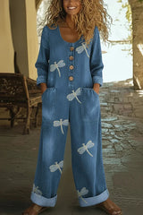 Casual Dragonfly Print Denim Jumpsuit