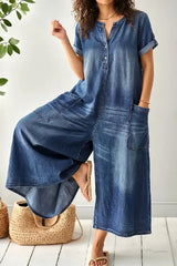 Women's Casual Loose Short-Sleeved Denim Jumpsuit