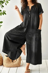 Women's Casual Loose Short-Sleeved Denim Jumpsuit