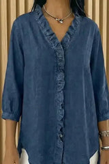 Women's Casual Denim V-Neck Ruffled Shirt