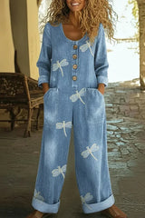 Casual Dragonfly Print Denim Jumpsuit