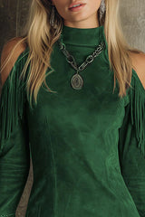 Semi-High Neck Off-The-Shoulder Fringed Faux Suede Long-Sleeved Mini Dress