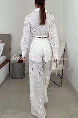 Vivi Embroidered Lace Cutout Long Sleeve Pocket Elastic Waist Loose Shirt Jumpsuit