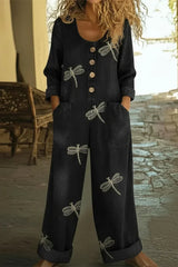 Casual Dragonfly Print Denim Jumpsuit