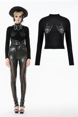 Punk Skeleton Hand Leather Appliqué Embroidered Mock Neck Tee