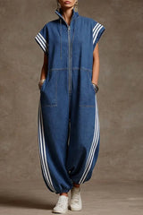 Women's Stand-Collar Short-Sleeved Casual Loose Denim Wide-Leg Jumpsuit