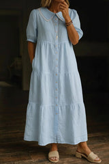 Women's Lace Peter Pan Collar Solid Color Casual Cotton Linen Long Dress