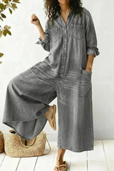 Women's Cozy And Casual Denim Jumpsuit With Large Front Pockets